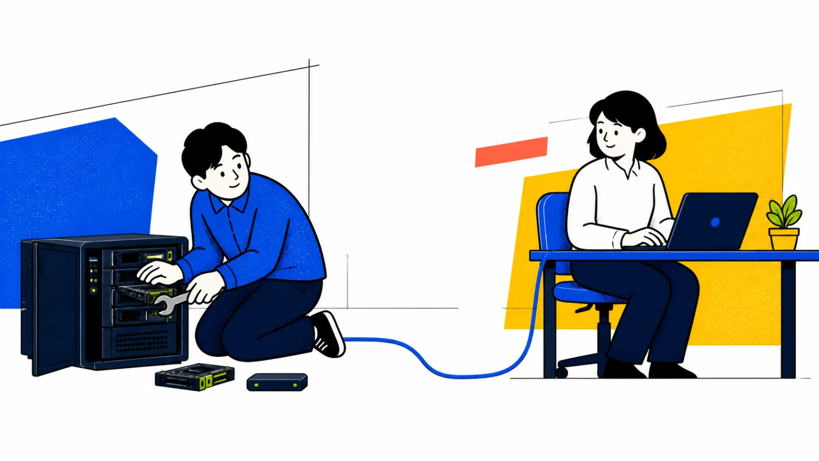 제작자가 서버를 점검하는 동안 고객이 연결된 프로그램을 계속 사용하는 인물 삽화